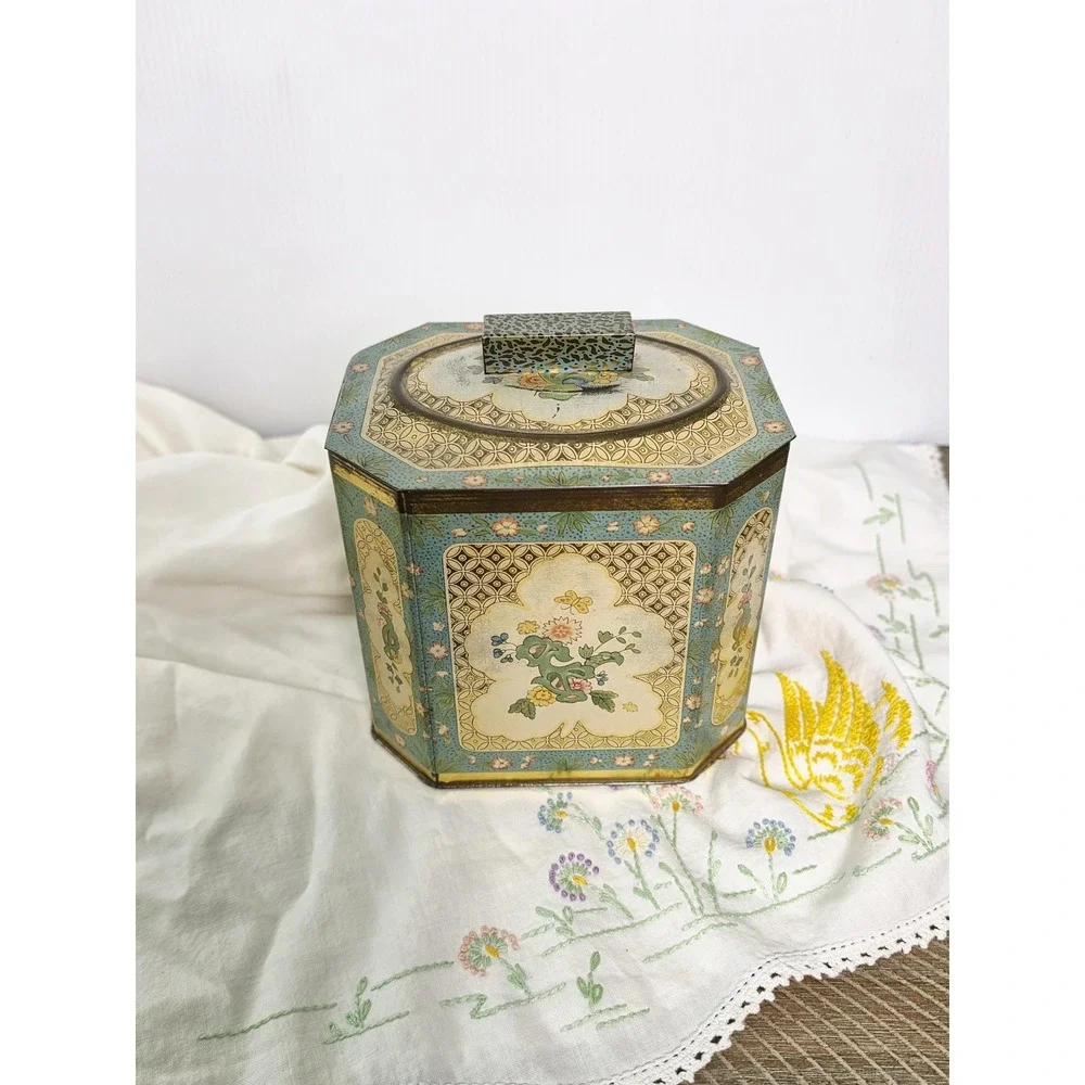 Vintage Baret Ware Floral Biscuit Tin, Gold and‎ Teal Stash Box